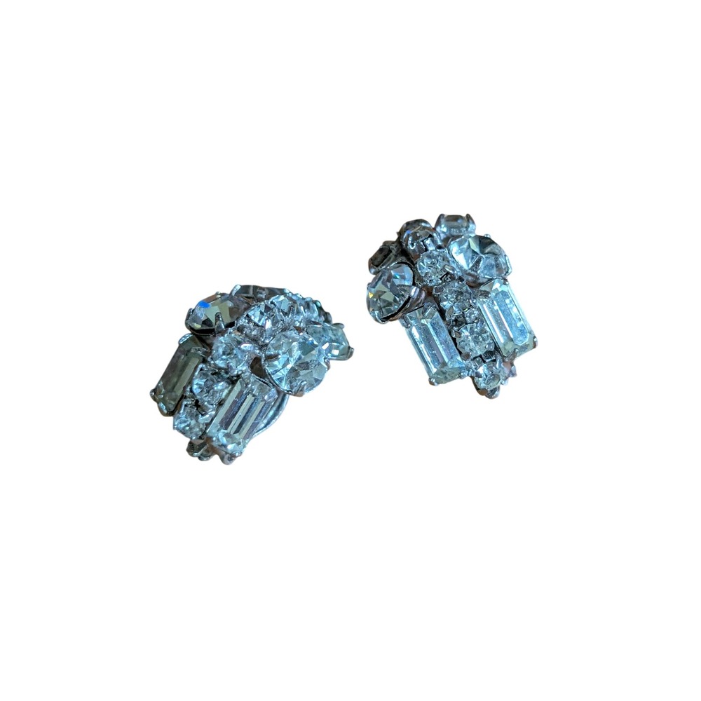 Vintage Silver Tone Clear Rhinestone Baguette Cluster Clip On Earrings 1950s